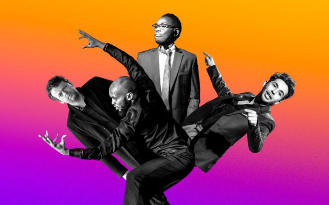 Eine farbenfrohe Collage zeigt vier Männer in Anzügen vor einem Verlaufshintergrund in Orange, Pink und Violett. Die Figuren sind in Schwarz-Weiß gehalten und in dynamischen, theatralischen Posen arrangiert – einige mit ausdrucksstarken Armbewegungen, einer steht ruhig und blickt nach oben. Die Komposition wirkt lebhaft und künstlerisch.