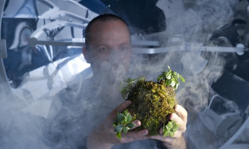 A performer stands in a laboratory setting and observes a ball of plants in the fog