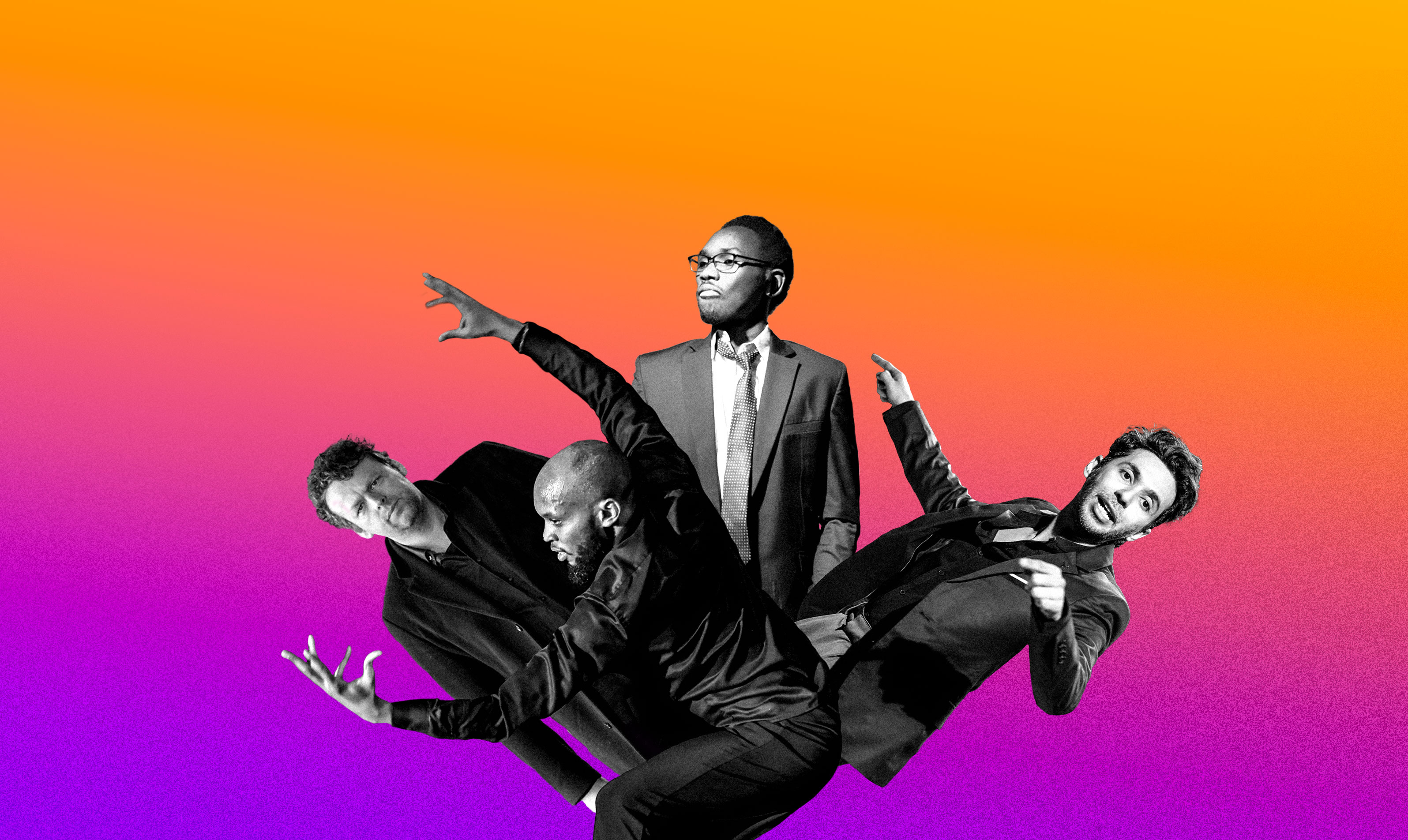 Eine farbenfrohe Collage zeigt vier Männer in Anzügen vor einem Verlaufshintergrund in Orange, Pink und Violett. Die Figuren sind in Schwarz-Weiß gehalten und in dynamischen, theatralischen Posen arrangiert – einige mit ausdrucksstarken Armbewegungen, einer steht ruhig und blickt nach oben. Die Komposition wirkt lebhaft und künstlerisch.